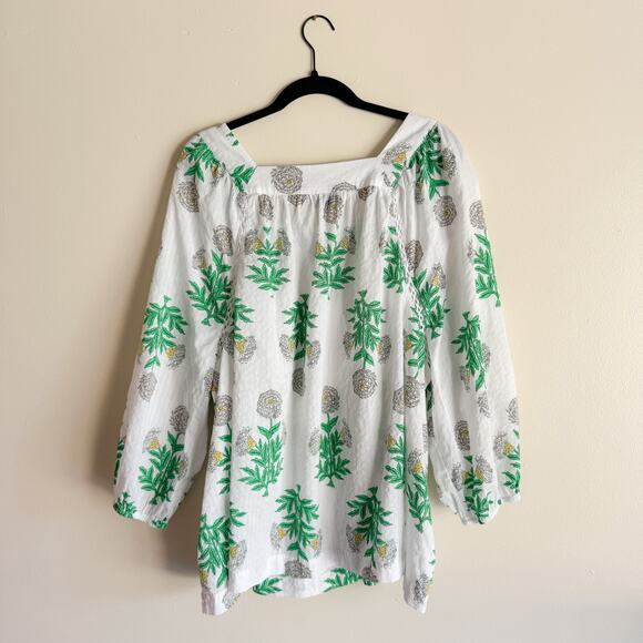 Lane Bryant White + Green Floral Print Square Neck Swing Peasant Blouse - 26/28 - Picture 9 of 10